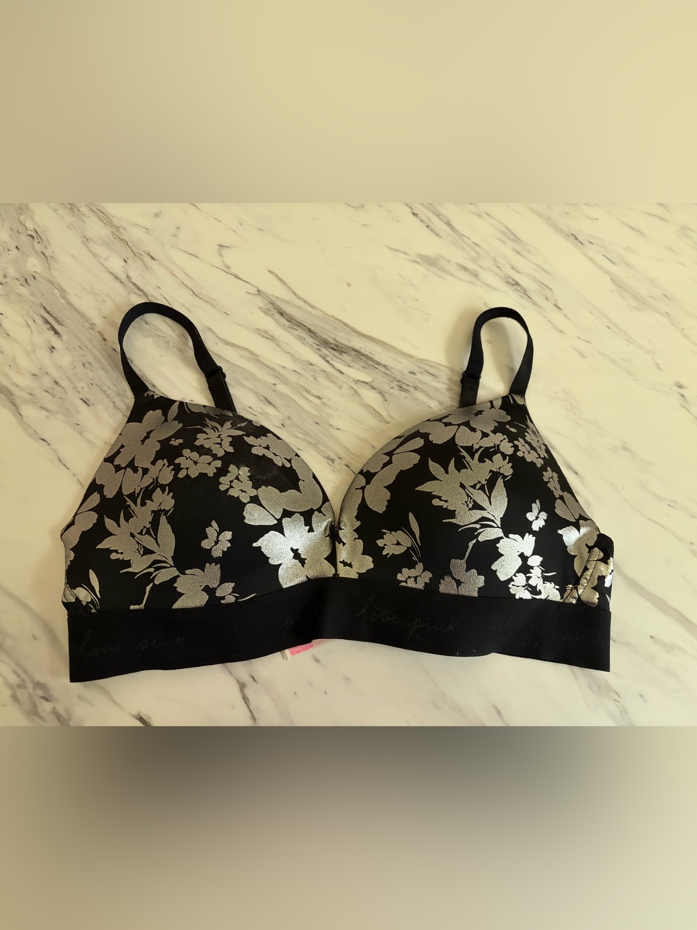 PINK Victoria's Secret Black Bra with Silver Floral Print 38B